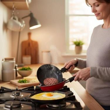 Imagem de Frigideira Dupla Hamburgueira e Omeleteira Antiaderente 14cm Vermelha 