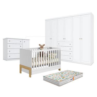 Imagem de Quarto De Bebê Americano 6 Portas Com Berço Americano Mini Cama Fantasia Branco Acetinado - Qmovi - Henn E Colchão Gazin