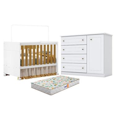 Imagem de Berço Americano Katatau Branco Acetinado Savana - Reller E Cômoda Infantil Americano Branco Hp E Colchão Gazin - Henn