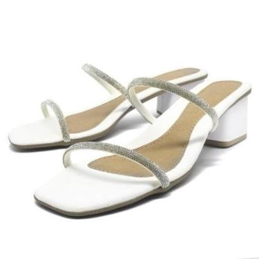 Imagem de Sandália Salto Bloco Feminina Médio Tamanco Strass Brilho-Feminino