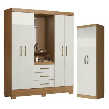Imagem de Guarda Roupa Solteiro Paris 4 Portas 3 Gavetas MDP Atacama Off White e Armário Multiuso Aramóveis