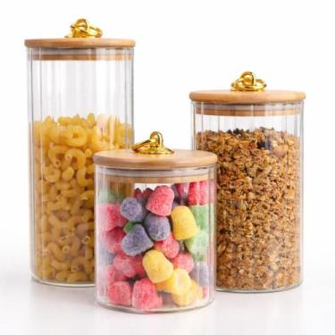 Imagem de Kit Potes de Vidro Hermético Canelado com Tampa de Bambu  Organizadore