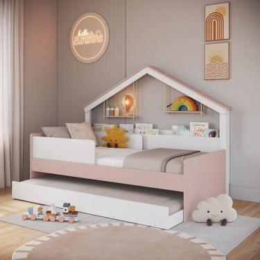 Imagem de Cama Infantil Moldura Casinha para Colchão 0,88 X 1,88 Cor Branca com Rosa com Cama Auxiliar Branco com Rosa