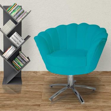 Imagem de Poltrona Estofada Hall de Entrada Base Giratória de Metal Pétala Veludo Azul Turquesa - LM DECOR