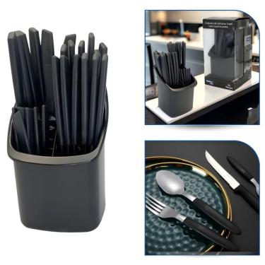 Imagem de Conjunto de Talheres Capri 25 Peças Plástico e Inox Aço Inox Preto Fosco com Suporte Organizador Preto Fratelli