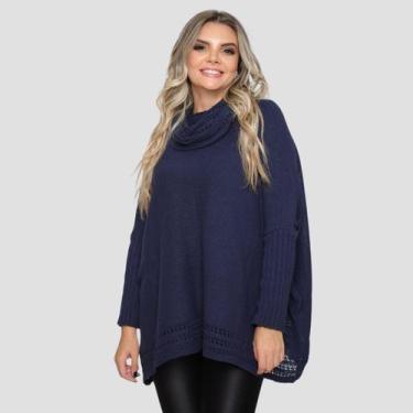 Imagem de Poncho Feminino Tricot Mousse Liso Gola Alta Casaco Lã Inverno - GIP, 