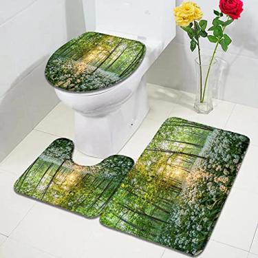 Imagem de Conjunto de tapetes de banho de selva tropical floresta palmeira folhas de bananeira paisagem natural tapete de porta de casa moderna decoração de banheiro tapete de tampa de vaso sanitário, 3137 w, conjunto de 3 peças, 75x45 cm, 29,5x17,7 pol.