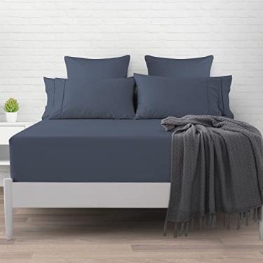 Imagem de Pizuna Lencol casal com elastico Azul Marinho, 400 fios de algodão 100% sateen de fibra longa Lencol de elastico casal 140x195 cm para colchoes ate 40 cm - 1 peça