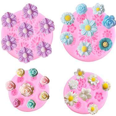 Imagem de Mujiang Moldes de silicone de flor rosa com estampa de margarida, molde de fondant de flores, orquídeas para decoração de bolo, conjunto de 4