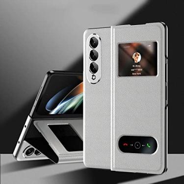 Imagem de Capa de telefone flip Smart View de luxo para Samsung Galaxy Z Fold 4 3 2 Fold4 Fold3 Fold2 5G 2022 Capa de couro PU ultrafina, lichia, branco, para Galaxy Z Fold4