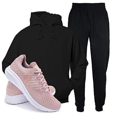 Imagem de Conjunto Blusa e Calça Moletom + Tenis Academia Casual Conforto - Preto/Rosa - GG/35