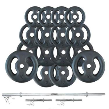 Imagem de KIT ANILHAS 80 KG + 2 BARRAS OCAS 40CM + BARRA MACIÇA 1,80CM-Masculino