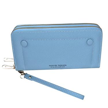 Imagem de Carteira longa feminina de couro artificial bolsa aberta vários compartimentos para cartão clutch carteira masculina de couro, Azul, One Size