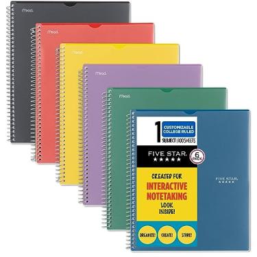 Imagem de Five Star Cadernos espirais interativos, pacote com 6, 1 matéria, papel pautado universitário, 28 x 21 cm, 100 folhas, capa personalizável, vermelho, amarelo, verde, azul, roxo, preto (820043)