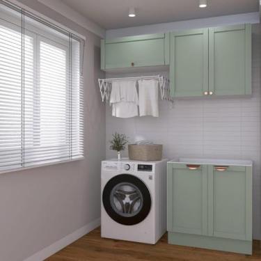 Imagem de Lavanderia Modulada 3 Peças sem Tampo 2 Armários Aéreos 1 Balcão 2 Portas Cabecasa Madeiramadeira Verde Menta/branco