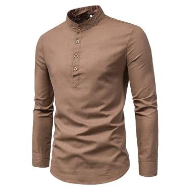 Imagem de Camiseta masculina manga longa algodão linho botões camisa pequena gola alta cor lisa, Café, XG
