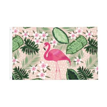 Imagem de Fiokroo Bandeira de flores de folhas de palmeira flamingo, bandeira de jardim de poliéster ao ar livre, bandeira dupla face para quintal, gramado, varanda, varanda, decoração de casa