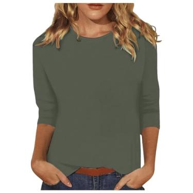 Imagem de Camisetas femininas de manga 3/4 de comprimento casual, gola redonda, túnica, camisetas básicas, blusas soltas, pulôver, Ofertas relâmpago verde, P