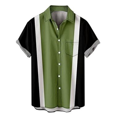 Imagem de Camisetas masculinas de boliche Guayabera Vintage 1950 Cuban Shirts Camisa havaiana listrada manga curta camisas de botão para homens, 0110d-verde, M