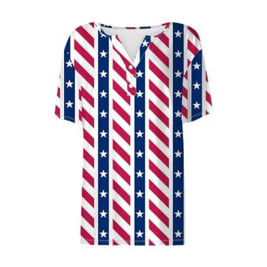 Imagem de Camiseta feminina com estampa patriótica Star Stripes bandeira americana 2024 4 de julho gola Henley verão casual, Rosa choque, G