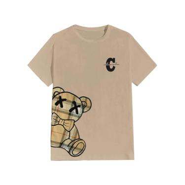 Imagem de SHENHE Camiseta masculina estampada gola redonda manga curta estampa de urso xadrez camiseta de verão, Caqui, P