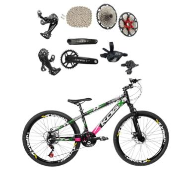 Imagem de Bicicleta Aro 26 KOG Full 25 Feeride 1x12V Freio a Disco Suspensão,13,5,Preto com Rosa Verde