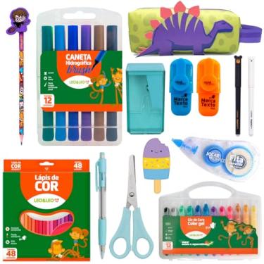Imagem de Kit Completo Material Escolar Com Estojo Tematico Canetinha Lapis de Cor 48 Cores Giz de Cera Color Gel - Leo Leo (Dinossauro)