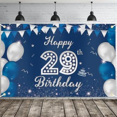 Imagem de JOYKY Banner de feliz aniversário de 29 anos, decorações de festa de feliz aniversário de 29 anos para homens, decoração de pano de fundo de suprimentos de aniversário de 29 anos, 15 x 9 metros