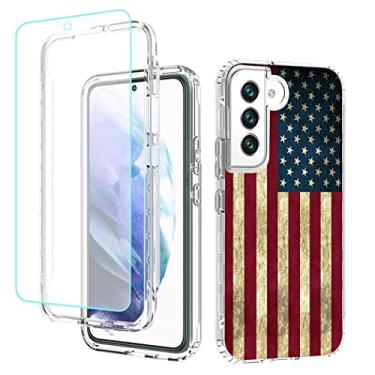 Imagem de Tothedu Capa de celular para Galaxy S22 Plus, Samsung S22+ SM-S906U com protetor de tela de vidro temperado, capa protetora de corpo inteiro com padrão de bandeira transparente para Samsung Galaxy S22