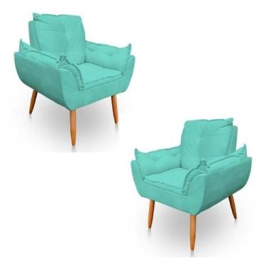 Imagem de Kit 2 Poltronas Decorativa Opala Sala de Estar Tecido Suede Azul Turqu