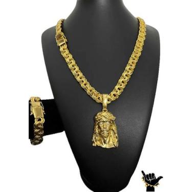 Imagem de Corrente Friso 12mm + Pulseira + Pingente - Banhado a Ouro - ToJoia18k