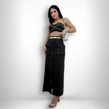 Imagem de Conjunto Feminino Alfaiataria Saia Longa Bolsos Cropped - SWISS BOUTIQ