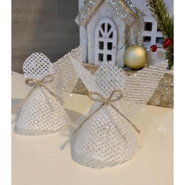 Imagem de Anjinhos Lembrancinha de Batizado, Juta Branca com Brilhos Dourados, Conjunto de 10