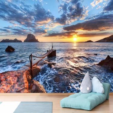 Imagem de Lcythiazole Papel de parede personalizável para tirar e colar do pôr do sol mural de fotos de praia com tema de praia mural de parede oceano mural para quarto, sala de estar, sala de jantar