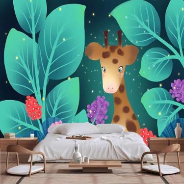 Imagem de Lcythiazole Murais de papel de parede de animais com tamanho personalizável, murais de papel de parede de girafa de desenho animado, murais de folhas de desenho animado, para sala de estar, quarto,