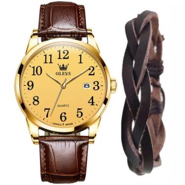 Imagem de Kit Relógio Masculino Luxo Casual Olevs Gold + Bracelete