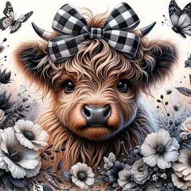 Imagem de KTHOFCY Kits de pintura de diamante 5D DIY para adultos, flor de vaca Highland Broca completa bordado ponto cruz cristal strass, pinturas, imagens, arte, decoração de parede, kits de pintura de pontos