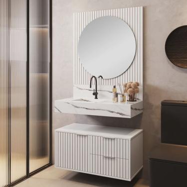 Imagem de Conjunto para Banheiro Bancada em Porcelanato com Cuba Esculpida, Armário e Espelho Ripy 80cm