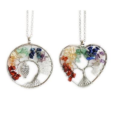 Imagem de Colar de árvore HEDQFM 2 peças feito à mão 7 colar de pedra preciosa de chacra árvore da vida e coruja circular colar com pingente em forma de coração para mulheres