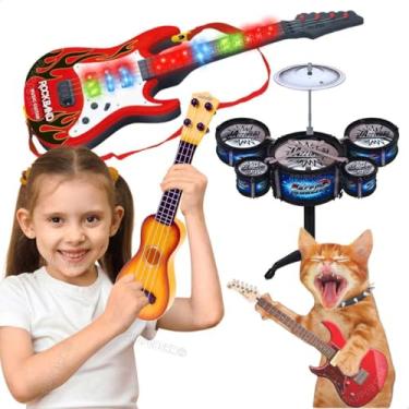 Imagem de Mini Bateria Guitarra Infantil Ukulele de Brinquedo Musical Educativo para Criança Desenvolve Coordenação Motora Criatividade Senso Musical Presente Menino Menina (Bat. Azul / Violão Claro)