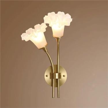 Imagem de Luminária de parede com acabamento em latão e vidro de cabeça dupla, design em formato de flor, para sala de estar, parede de fundo, banheiro, bar, escada, luminária de parede (esquerda)