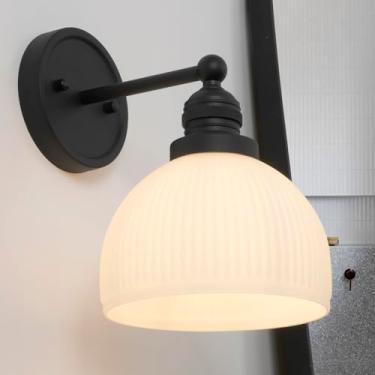 Imagem de Teqinchy Arandela De Parede Preta, Luminárias De Banheiro Com Vidro Fosco Leitoso, Luminária Moderna De Estilo Fazenda Para Sala De Estar, Quarto, Banheiro, Espelho, Corredor, Escada, E26, Fio Inte