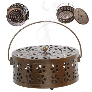 Imagem de Suporte de bobina de incenso de metal com tampa e alça queimador espiral portátil floral oco clássico para acampamento ao ar livre em casa