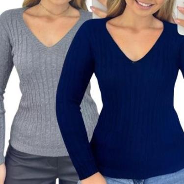 Imagem de Kit 2 Blusas Femininas Industrie Suéter Malha Tricô Chumbo e Marinho Manga Longa Tamanho:Único;Cor:-Feminino