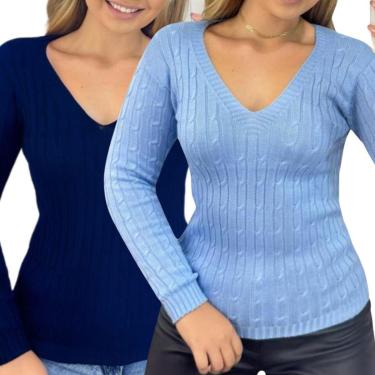 Imagem de Kit 2 Blusas Femininas Suéter Malha Tricô Manga Longa Tamanho:Único;Cor:-Feminino