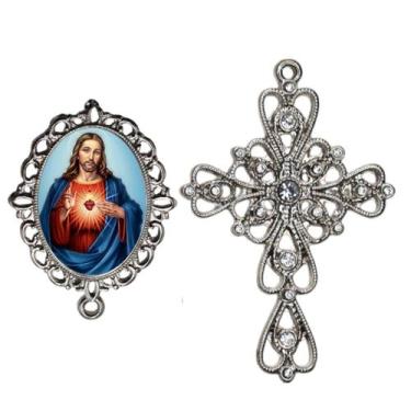 Imagem de Crucifixo Arabesco Terço de Noiva Relicario Coração Sagrado de Jesus P