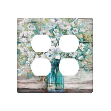 Imagem de Wpshijia Placa decorativa para interruptor de luz, azul-petróleo, garrafa azul, flor branca, rústica, 2 unidades, placas de parede duplas, placas de interruptor e capas de tomada para decoração de