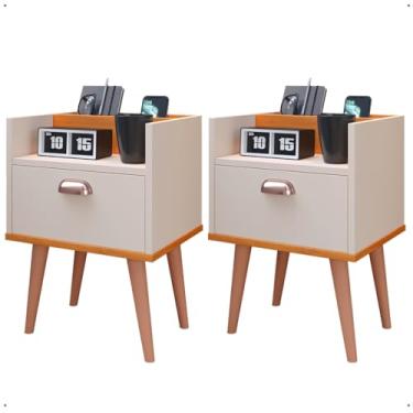 Imagem de Kit com 2 Mesas de Cabeceira Com Pés Retrô 1 Gaveta com Porta Celular e Puxador Concha Milena (Off White/Cinamomo)