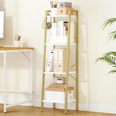 Imagem de Hzuaneri Prateleira de escada, estante de livros, prateleira de armazenamento de canto independente com 2 ganchos para escritório em casa, sala de estar, cozinha, quarto, industrial, ouro branco de 4