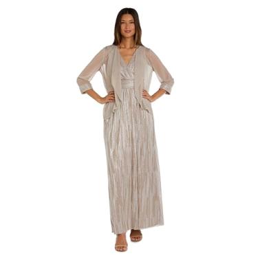 Imagem de Elegante vestido sobrepeliz estampado em folha com jaqueta cascata de chiffon, Azul marinho/prata, 58